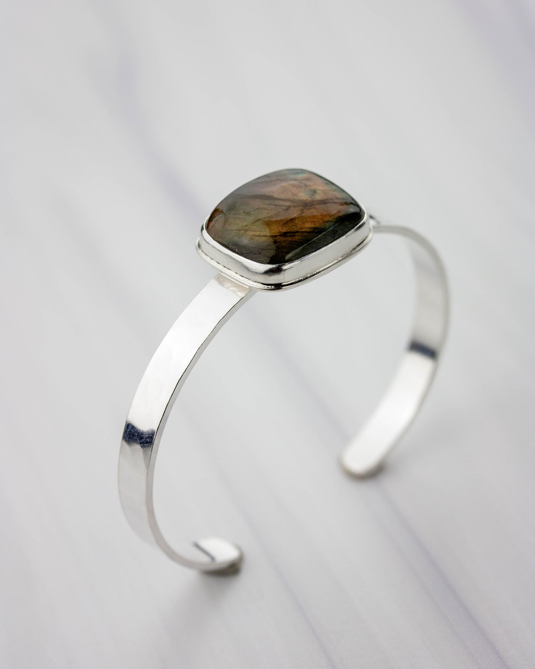 Borealis | Labradorite Hammered Silver cuff (square)