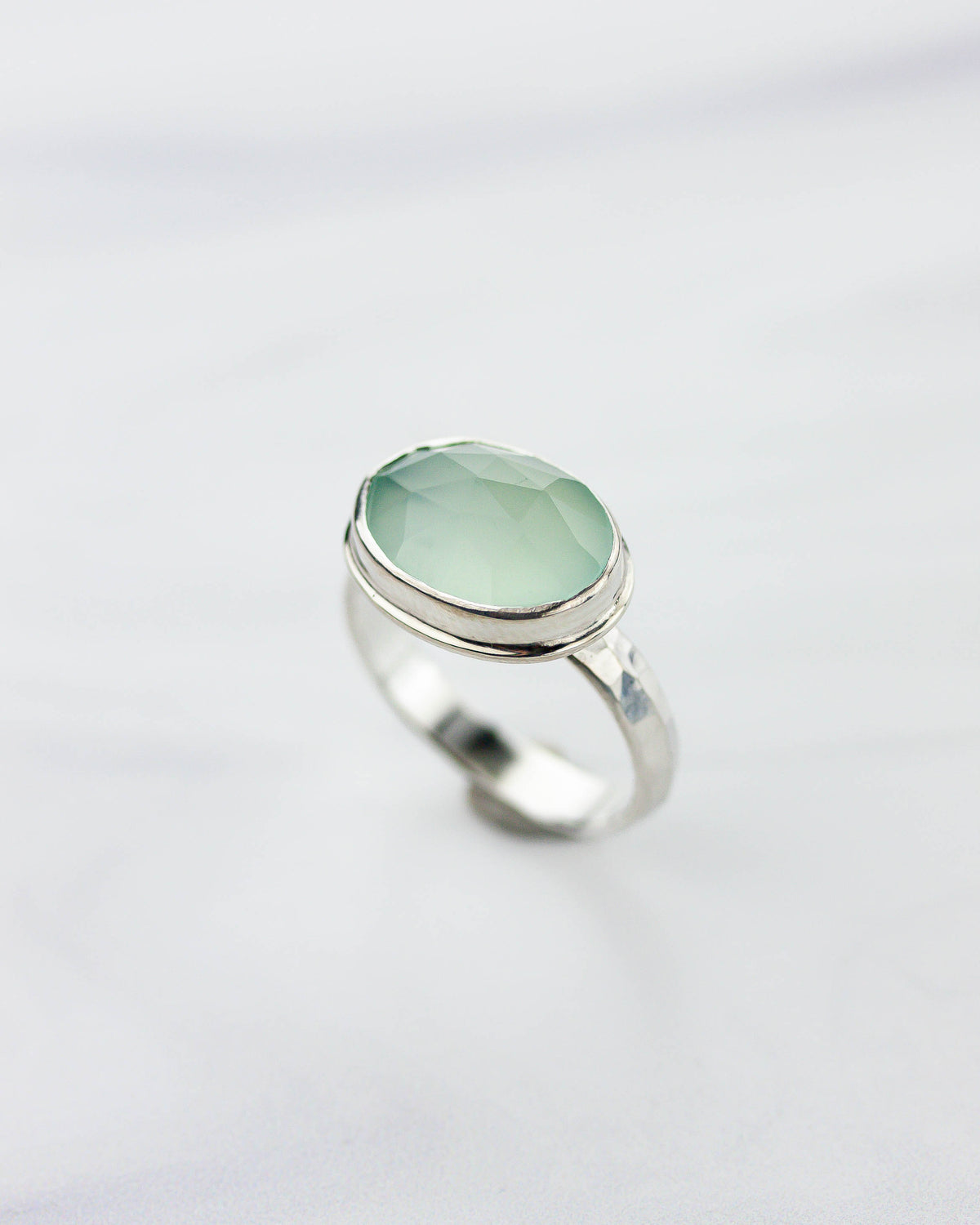 Aqua Chalcedony Hammered Silver Ring