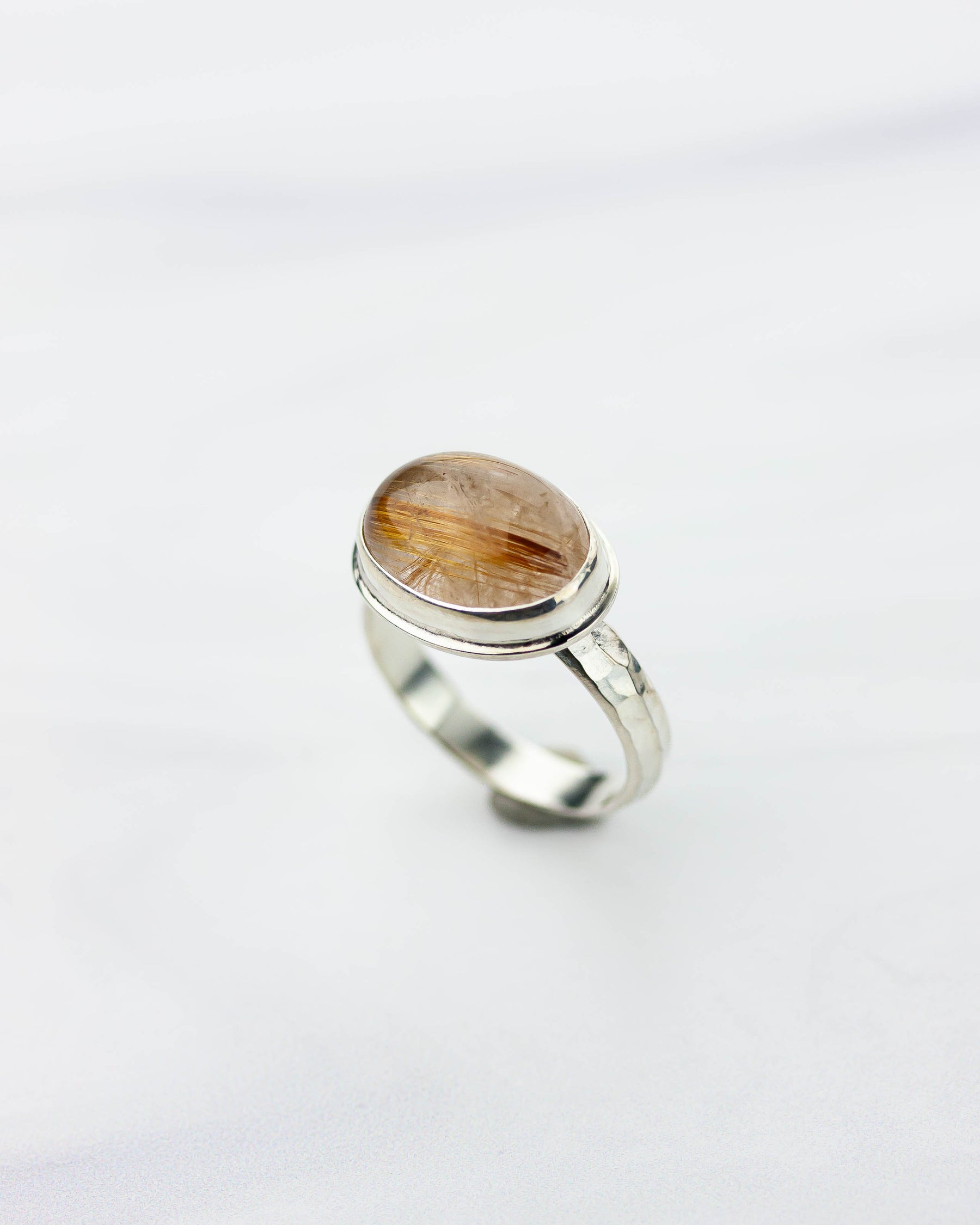 Rutile Quartz Hammered Silver Ring