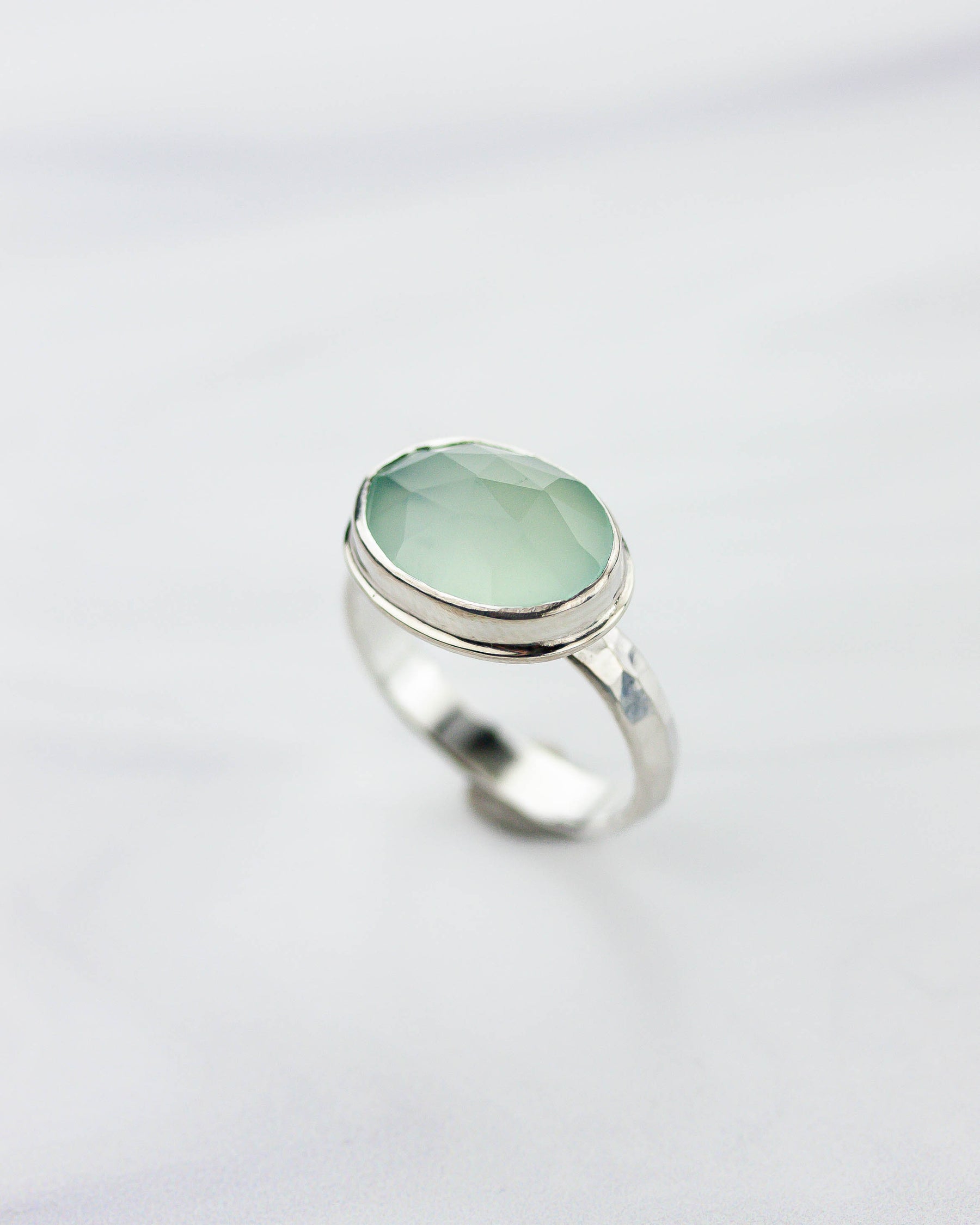 Aqua Chalcedony Hammered Silver Ring