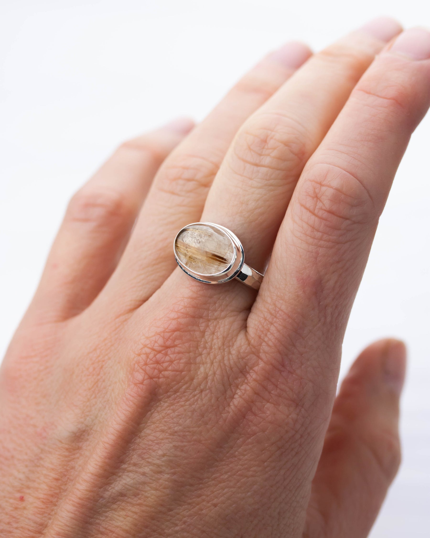 Rutile Quartz Hammered Silver Ring