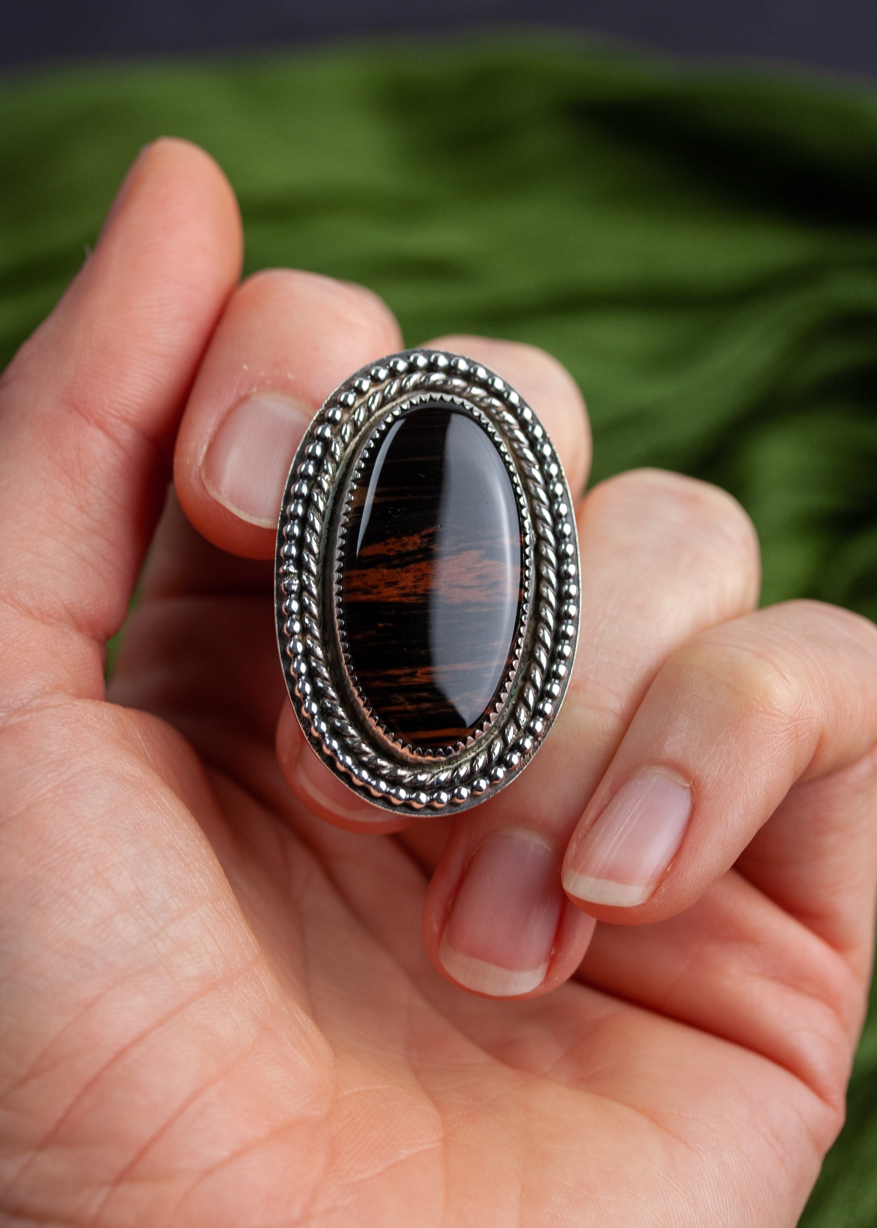 Mahogany Obsidian Ring Gold Status Oval Adjustable — Satin Crystals