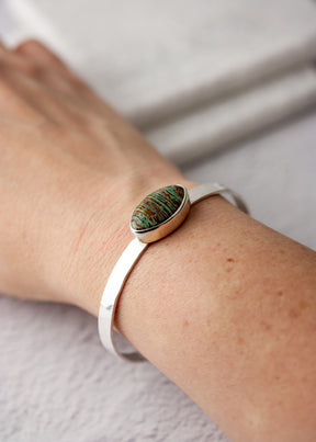 Green and brown banded jasper cuff bracelet in sterling silver